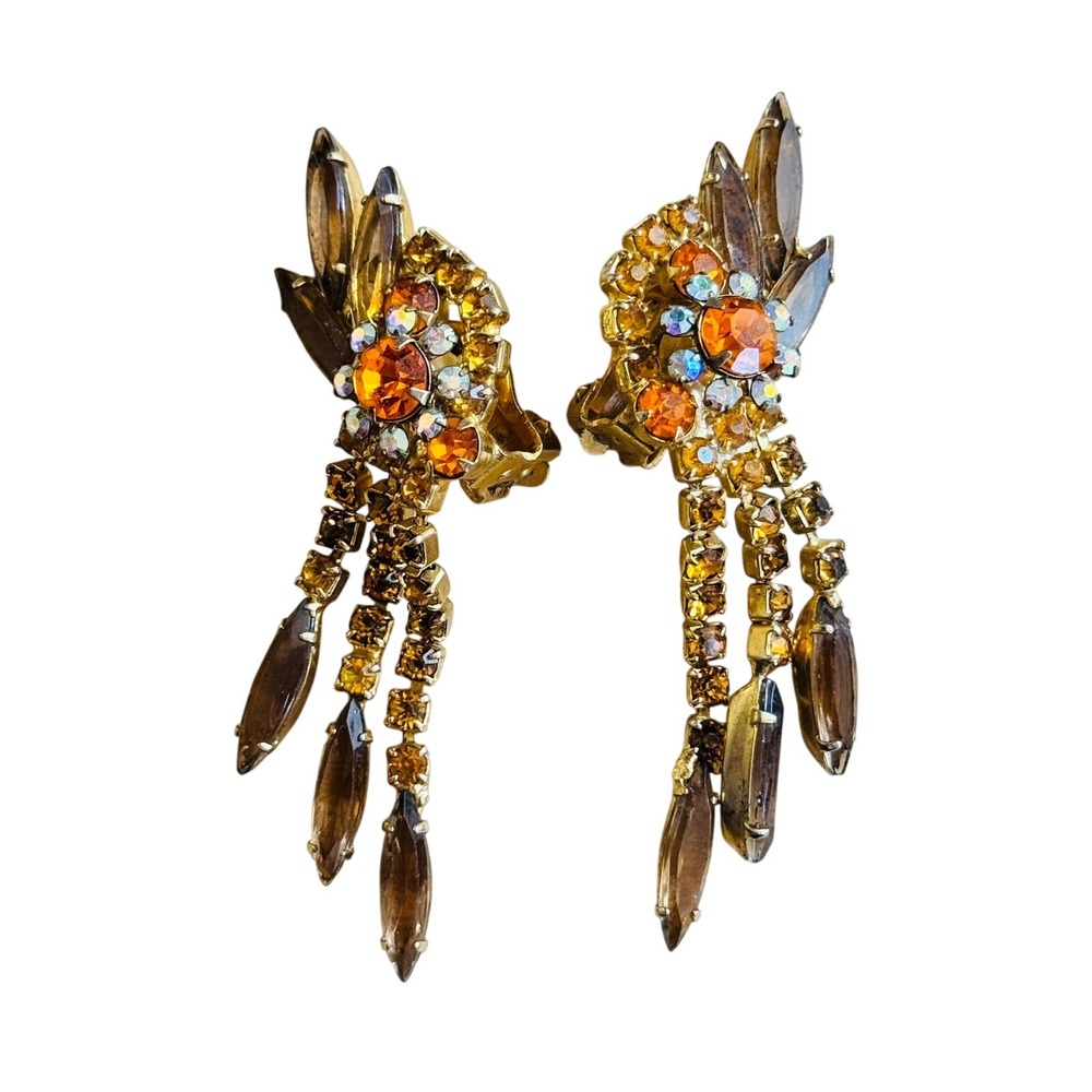 Clip Dangle Flower Earrings D&E Juliana VTG Topaz Crystal Rhinestone Verified